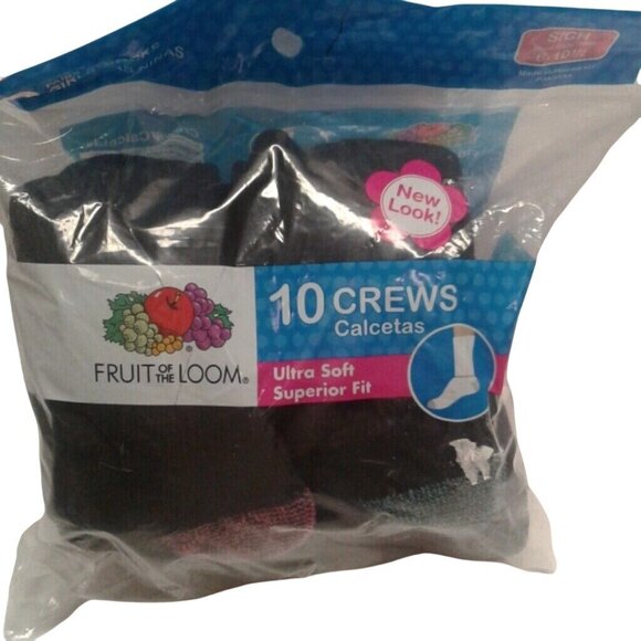 Fruit Of The Loom Size 6-10.5 Crew Socks Girls 10 Pack Black Ultra Soft NEW - Picture 1 of 6